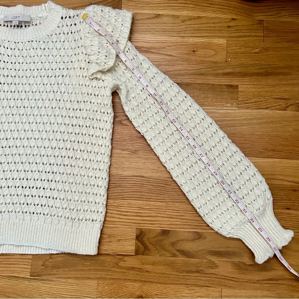 LOFT Cream Ruffle Shoulder Crewneck Knit Pull Over Sweater - Picture 11 of 12